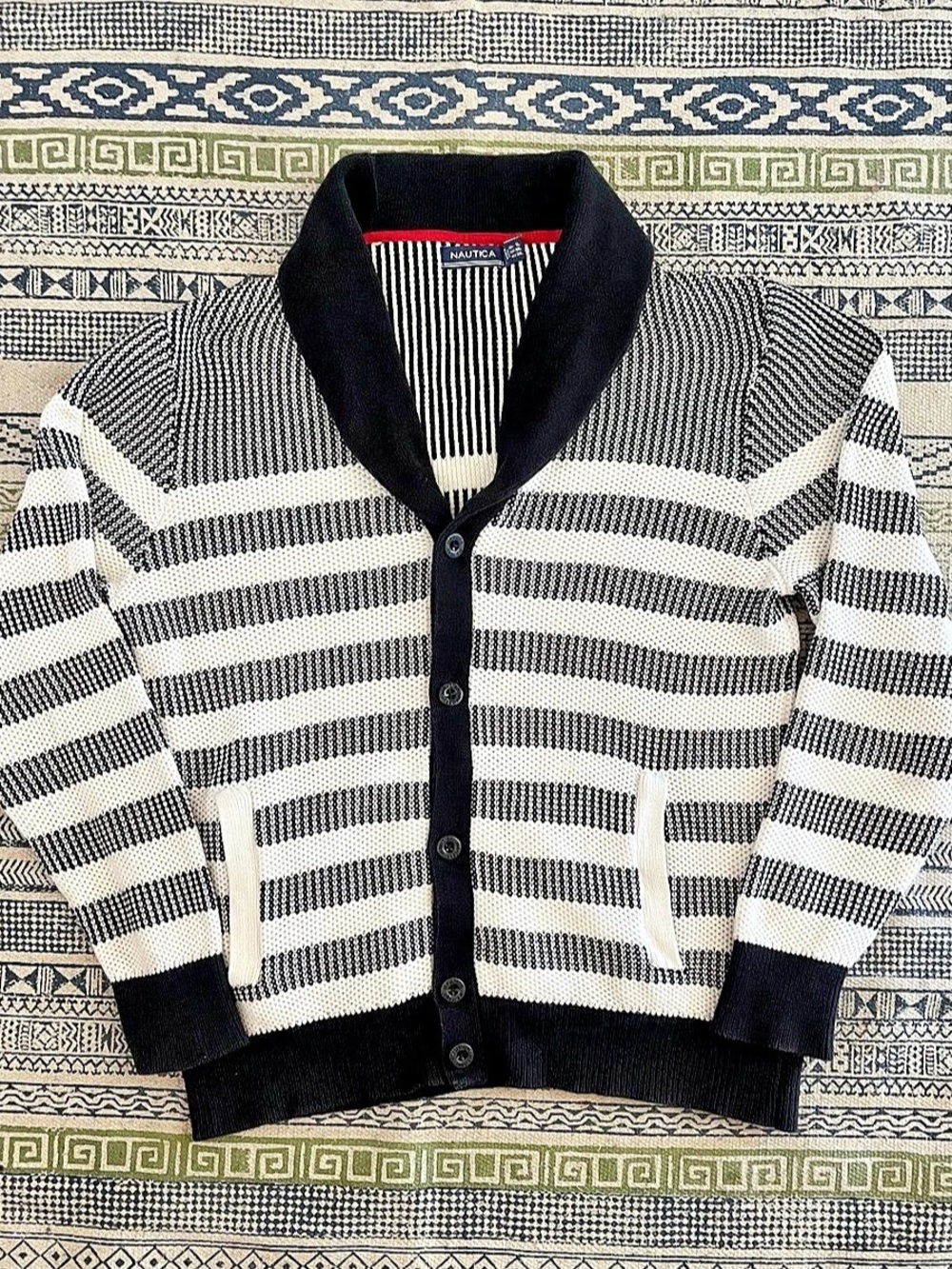 Nautica Striped Cardigan Black & White XL